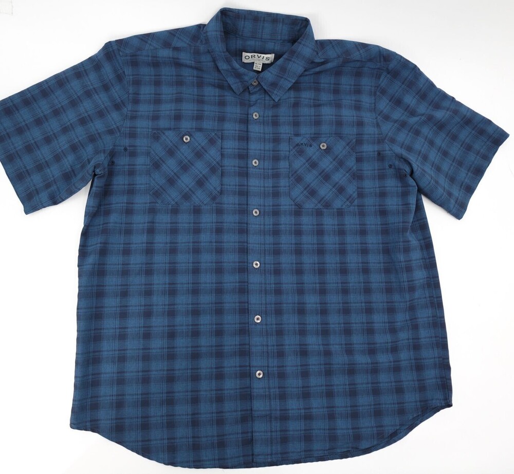Orvis Casual Button-Down Shirt Mens XL Blue Plaid Short Sleeve Outdoor Classic